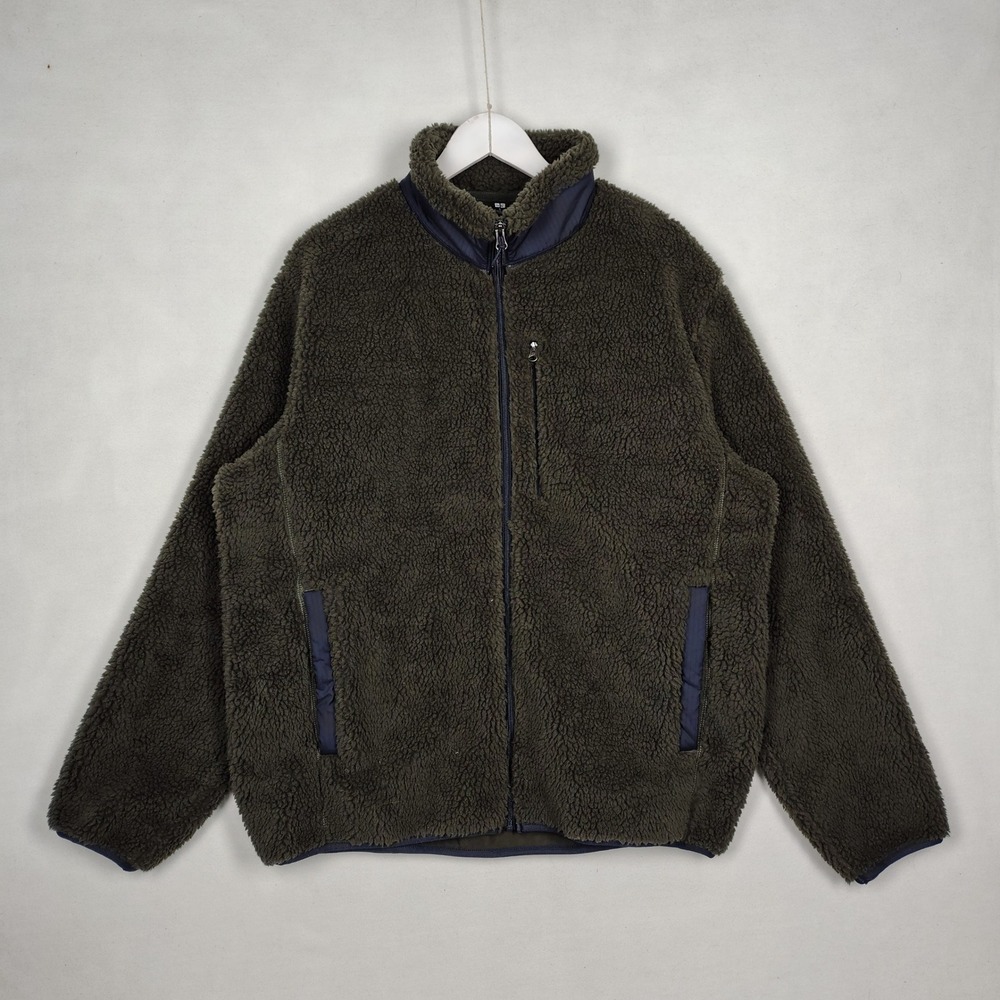 Uniqlo Sherpa Fleece Jacket Olive Navy Blue Trim Full Zip 341-450200 Mens Large